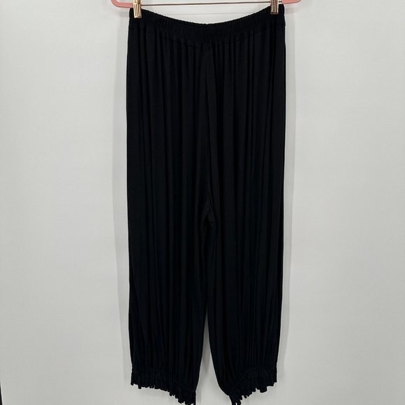Kedem Sasson Solid Black Elastic Waistband‎ Ruffle Hem Wide Leg Pants One Size - Picture 1 of 10